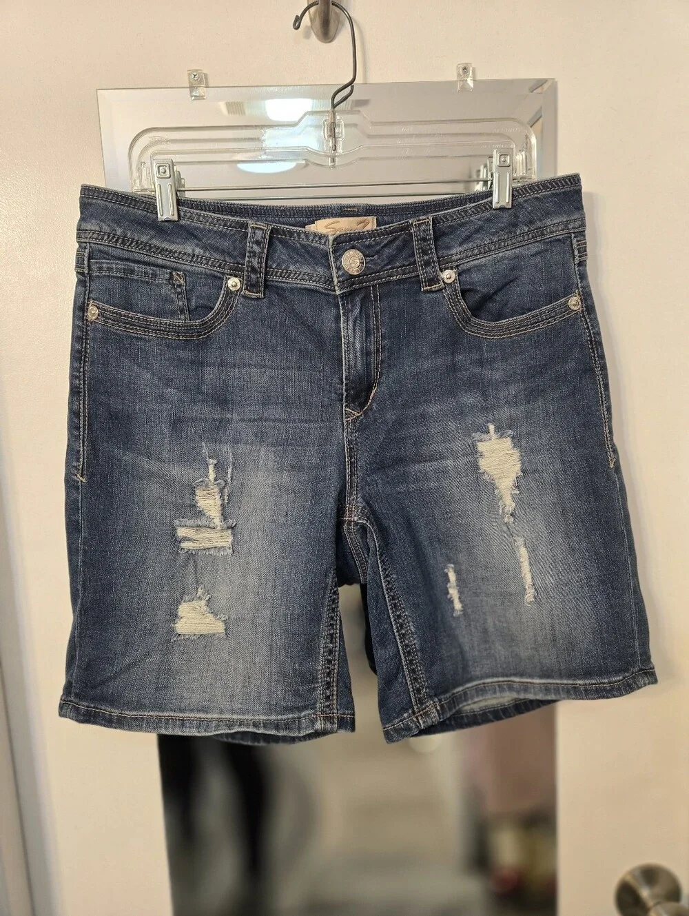 Seven7 Medium Wash Distressed Denim Bermuda Shorts